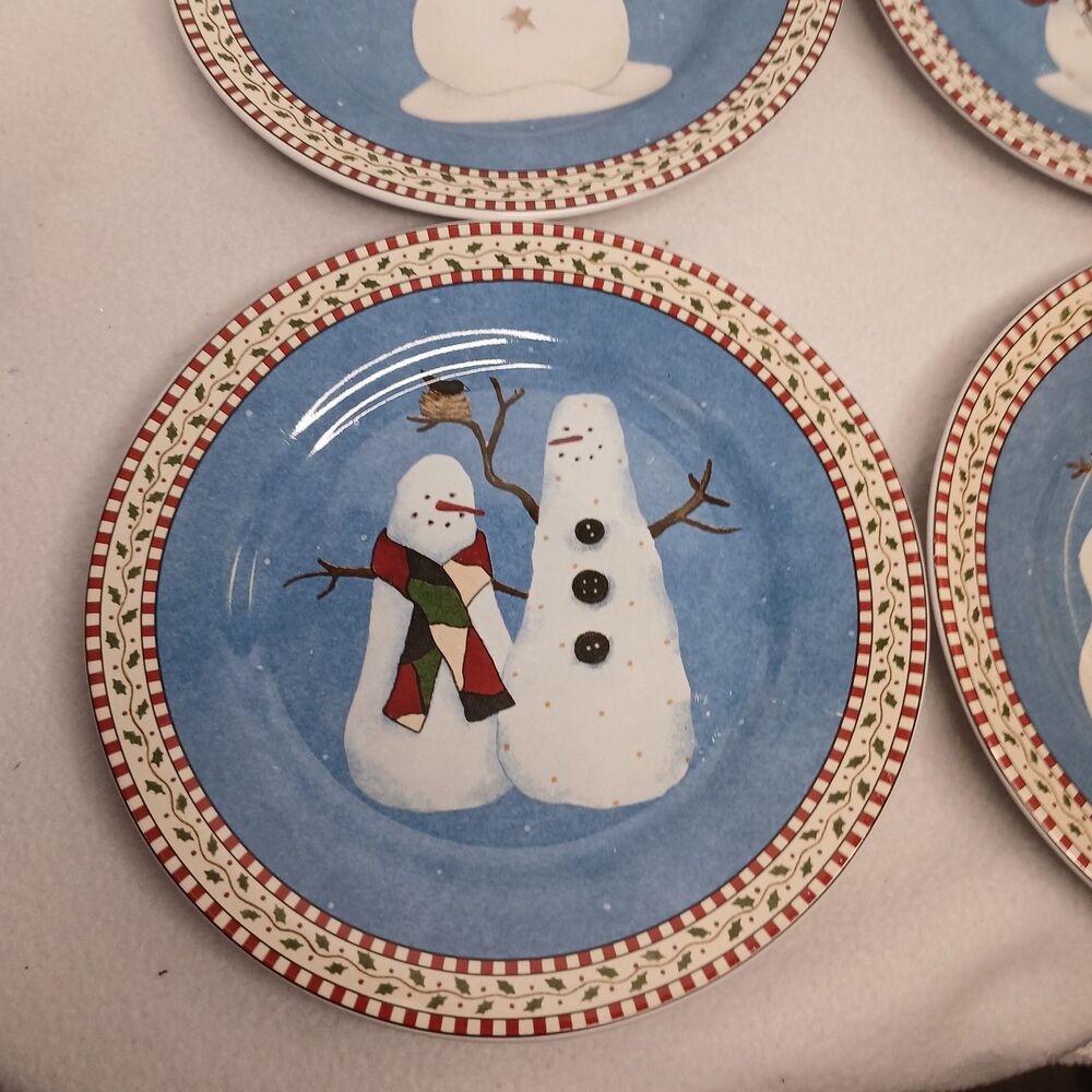 4 Salad Plates Sakura Debbie Mumm 4 Designs Snowman Vintage Stoneware 1997 - Picture 2 of 13